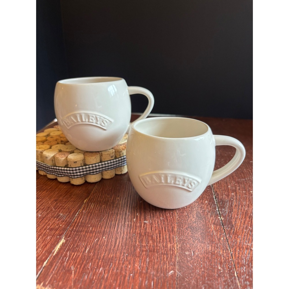 Baileys Irish Cream Coffee Mugs Set of 2 Cream White Embossed Logo Bubble Cups